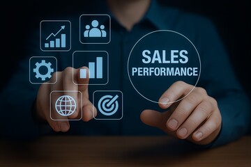 Businessman interacting with a digital interface displaying sales performance metrics and business icons