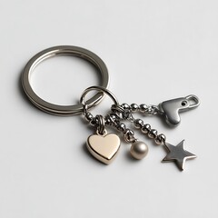 A gold heart and silver star charm keychain with beads, isolated on white background