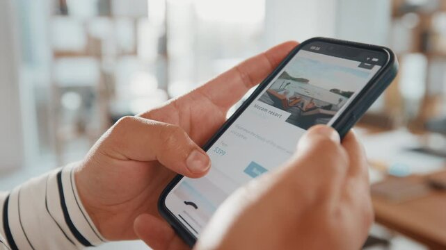 Mobile, hands or person on holiday booking website in office planning vacation options on app screen. Travel choice, phone closeup or scroll to search display online for day off, leave or hotel info