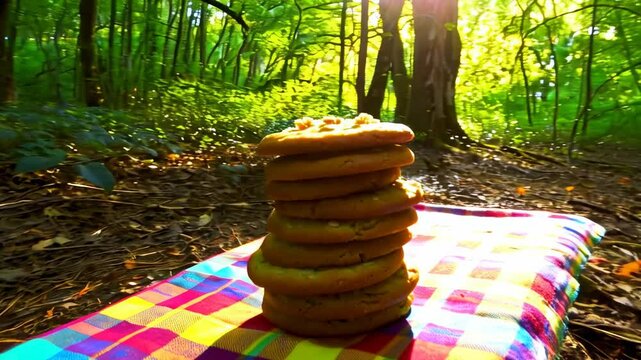 A stack of cookies sitting on a blanket in the woods.