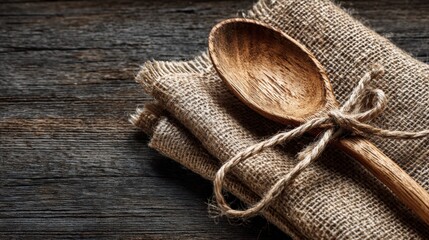 Wooden spoon resting on a folded rustic burlap cloth on dark wooden surface.
