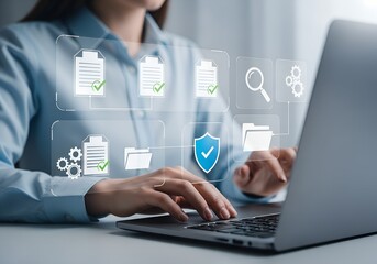 Person using laptop with digital interface showing documents folders shield and gears for workflow management