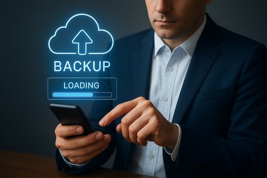 Businessman using smartphone for cloud backup loading process with digital interface and progress bar