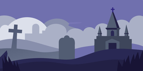Mysterious Church and Cemetery Landscape A Haunting Illustration
