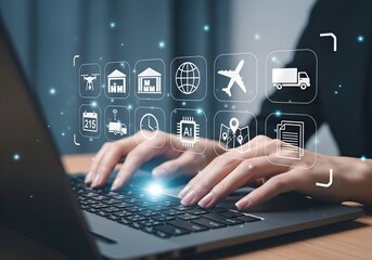 Hands typing on laptop with digital icons representing logistics and technology overlayed