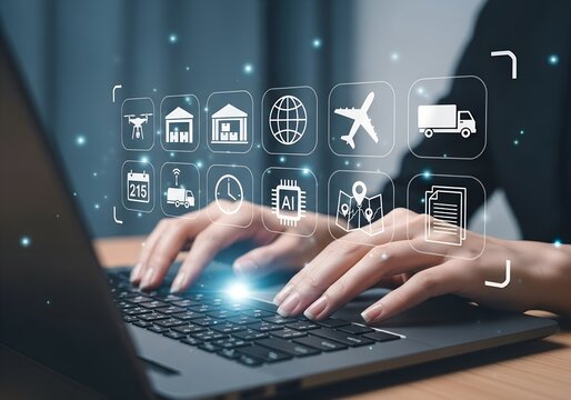 Hands typing on laptop with digital icons representing logistics and technology overlayed