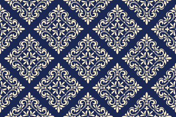 Floral pattern. Seamless vector background. Vintage wallpaper in the Baroque style. Golden and dark blue ornament for fabric, wallpaper, packaging. Ornate Damask flower illustration