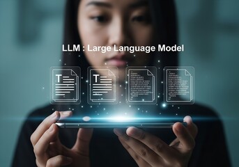 Young woman holding a smartphone displaying holographic documents with llm large language model text
