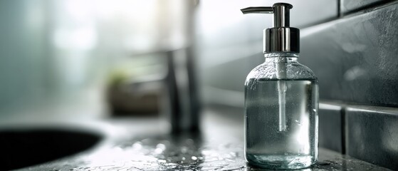 Clear liquid soap dispenser on a wet bathroom counter, promoting hygiene and cleanliness in a modern bathroom setting Concept of healthcare, selfcare, and sanitation
