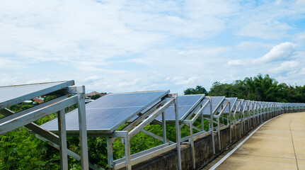 Solar panel farm aligned on a riverside with blue sky, environmental friendly energy.