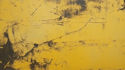 Abstract yellow textured painting with black and gray cracks and strokes, creating a rough, layered surface.