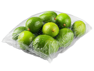 Vibrant green limes, tightly packaged in a clear, transparent wrap, offer a refreshing look. isolated on a white background 
