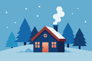 Naklejka premium Cozy Cabin with Chimney in Snowy Landscape