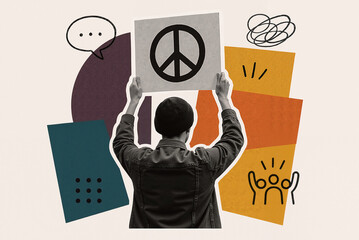young man holding peace sign placard in a colorful protest setting, advocating for social change and unity among diverse communities