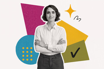 confident young woman standing with arms crossed, surrounded by colorful abstract shapes, representing creativity, positivity, and modern design in a professional environment