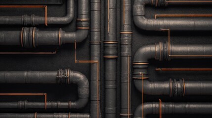 Industrial black metal pipes and fittings system with various elbows joints valves and connections.