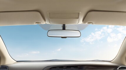 Interior view of a car window showing bright sky with clouds and rearview mirror.