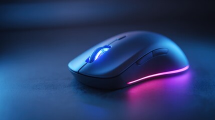Close-up of a modern wireless computer mouse with colorful LED lighting on dark surface.