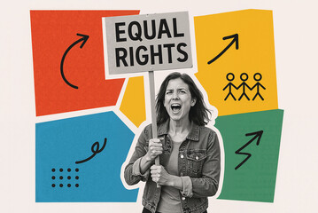 Fototapeta premium Passionate woman activist holding a sign demanding equal rights, expressing determination and advocating for social justice in a colorful and vibrant backdrop.