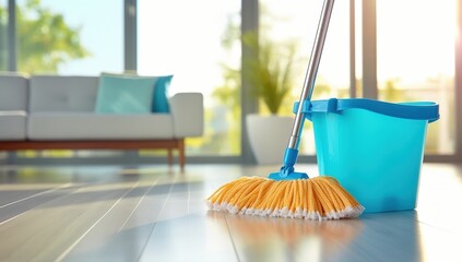 A bright living room with a clean wooden floor, a blue mop and bucket in the foreground, and a sofa with cushions in the background near large windows.