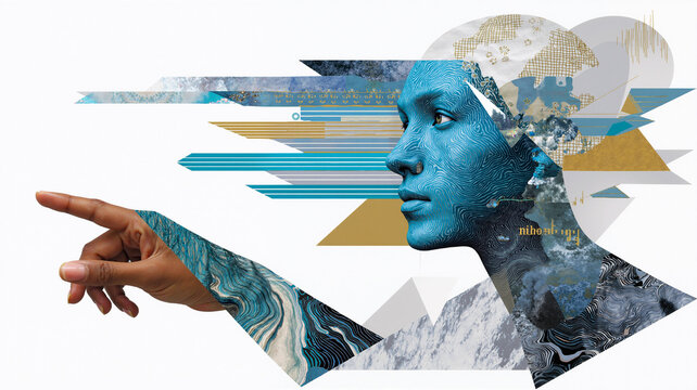 conceptual illustration of a futuristic woman with blue face art, pointing forward, symbolizing technology and creativity as a blend of art and innovation