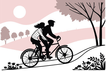 Naklejka premium Couple riding a tandem bicycle in a clean silhouette design