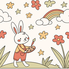 Cheerful cartoon bunny standing in a grassy field illustration