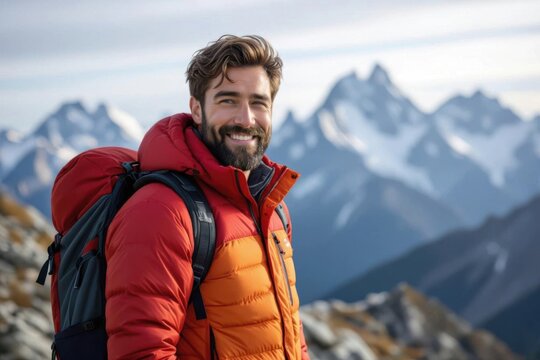 A cheerful bearded man wearing a red and orange puffer jacket and backpack stands on a mountain peak