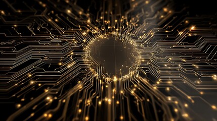 A golden circuit board pattern with a circular center and radiating lines on a black background