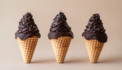 Three chocolate dipped waffle cones placed