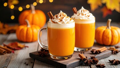 Pumpkin spice beverage topped with whipped cream and cinnamon, surrounded by pumpkins and autumn leaves on wooden table