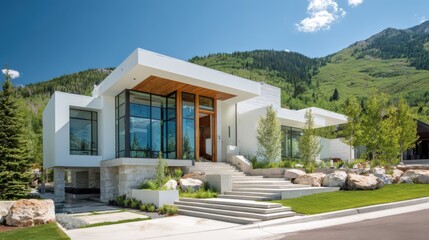 Modern luxury house with large glass windows natural stone landscaping and mountain view.