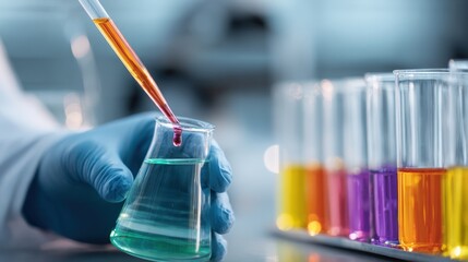 Lab technician hand using pipette to transfer liquid into glass beaker in scientific laboratory.