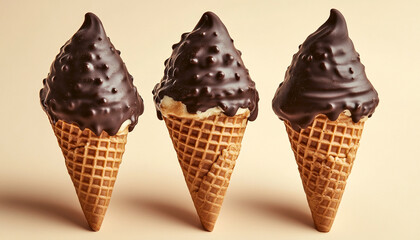Three chocolate dipped waffle cones placed