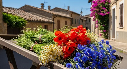 A Cart Full of Wildflowers in the Tuscan Countryside,  Rustic Charm: A Wooden Cart Overflowing with Freshly Picked Wildflowers in Tuscany