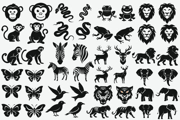 Fototapeta premium Vector art set of seamless black floral and leaf patterns with animal silhouettes, perfect for vintage nature-inspired decoration
