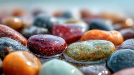 Colorful smooth natural stones on a pebbled beach with water in background.