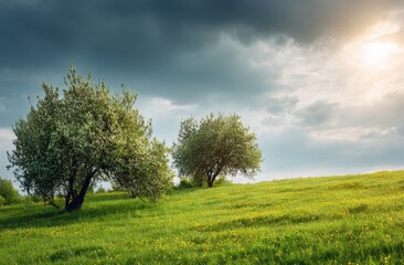 Obraz premium Spring meadow, dramatic sky, sun peeks through clouds