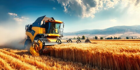 Fototapeta premium Large yellow combine harvester working in wheat field during bright sunny day.