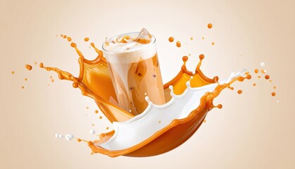 Iced Thai tea splash in a glass with cream droplets on a soft beige background