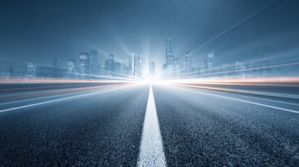 Futuristic cityscape with illuminated skyscrapers and dynamic street scene at night.