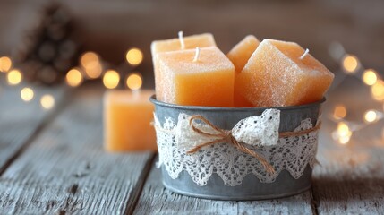 Elegant innkeeper's decorative basin with handcrafted beeswax candles and lace accents for cozy ambiance.