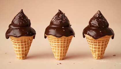 Three chocolate dipped waffle cones placed