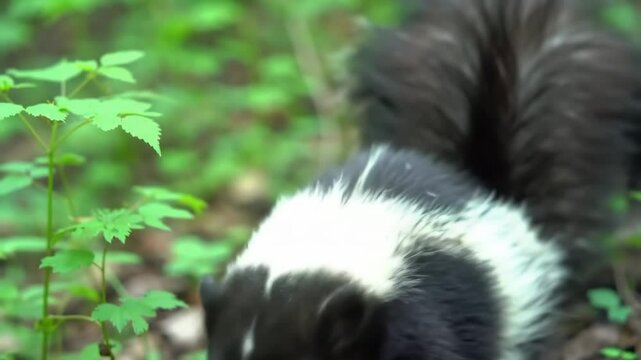 Skunk looks around in the forest before moving away