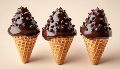 Three chocolate dipped waffle cones placed