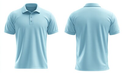 Front and back view of a plain light blue polo shirt with a collar and buttons.