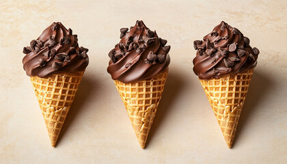 Three chocolate dipped waffle cones placed