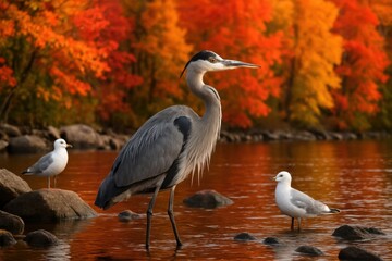 Obraz premium Great blue heron and seagulls in autumn water with vibrant fall foliage