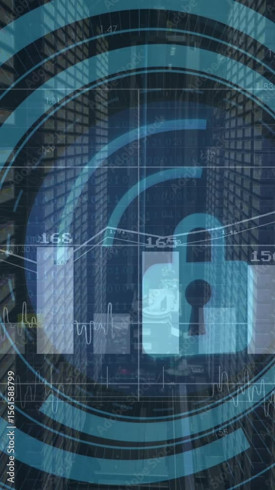 Poster animation of scope scanning with padlock icon over graph and server room