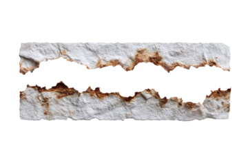 Torn paper texture with burnt edges on transparent PNG background, horizontal banner format with copy space for grunge design templates.
